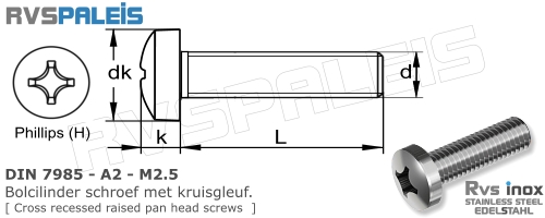 DIN 7985 (H) Rvs A2 - m2,5 | rvs bolcilinder schroef kruisgleuf ...